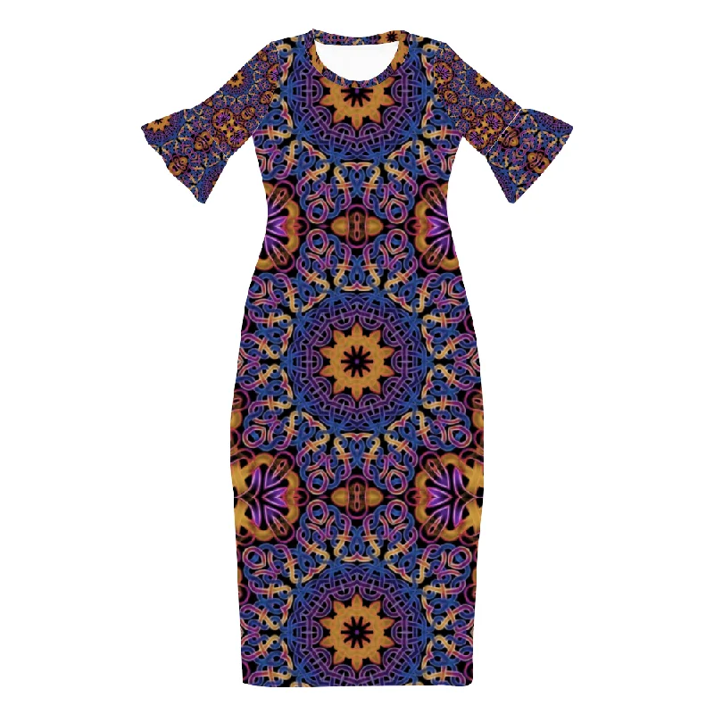 Blue Gold Celtic Kaleidoscope Custom Lotus Leaf Short Sleeve Long Dress Women's Summer Fashion Dress Tunics Denim casual Blue Gold Celtic Kaleidoscope Custom Lotus Leaf Short Sleeve Long Dress Women's Summer Fashion Dress Tunics Denim casual
