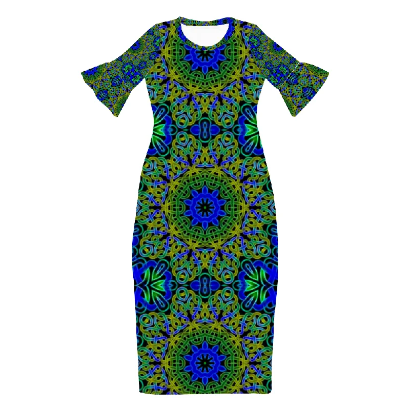 Blue Green Celtic Kaleidoscope Custom Lotus Leaf Short Sleeve Long Dress Women's Summer Fashion Dress Tunics Silk luxurious Blue Green Celtic Kaleidoscope Custom Lotus Leaf Short Sleeve Long Dress Women's Summer Fashion Dress Tunics Silk luxurious