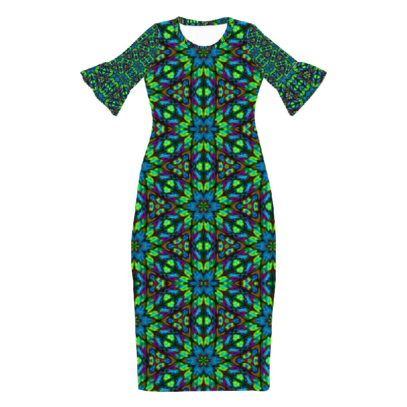 Blue Green Kaleidoscope Custom Lotus Leaf Short Sleeve Long Dress Women's Summer Fashion Dress Tunics Seasonal trendy Blue Green Kaleidoscope Custom Lotus Leaf Short Sleeve Long Dress Women's Summer Fashion Dress Tunics Seasonal trendy