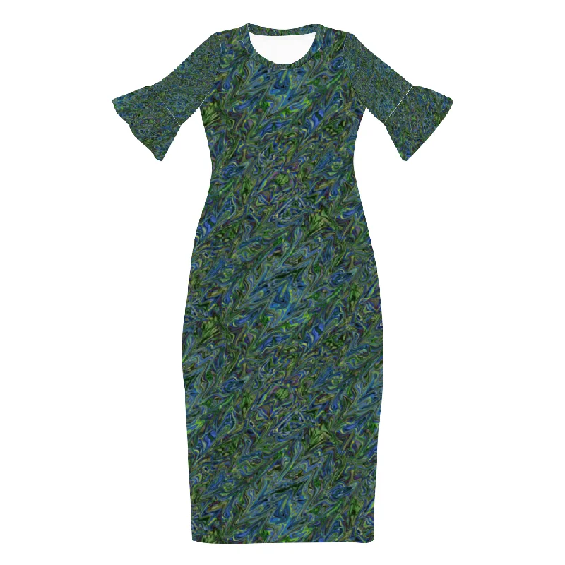 Blue Green Liquid Marbling Custom Lotus Leaf Short Sleeve Long Dress Women's Summer Fashion Dress Tunics Print Colorful
