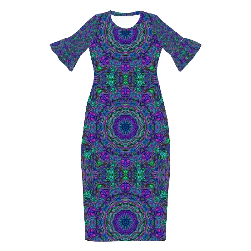 Blue Green Purple Kaleidoscope Custom Lotus Leaf Short Sleeve Long Dress Women's Summer Fashion Dress Tunics Long Elegant Blue Green Purple Kaleidoscope Custom Lotus Leaf Short Sleeve Long Dress Women's Summer Fashion Dress Tunics Long Elegant