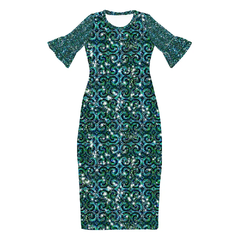 Blue Green Sparkle Swirl Custom Lotus Leaf Short Sleeve Long Dress Women's Summer Fashion Dress Cowl Neckline Elegant