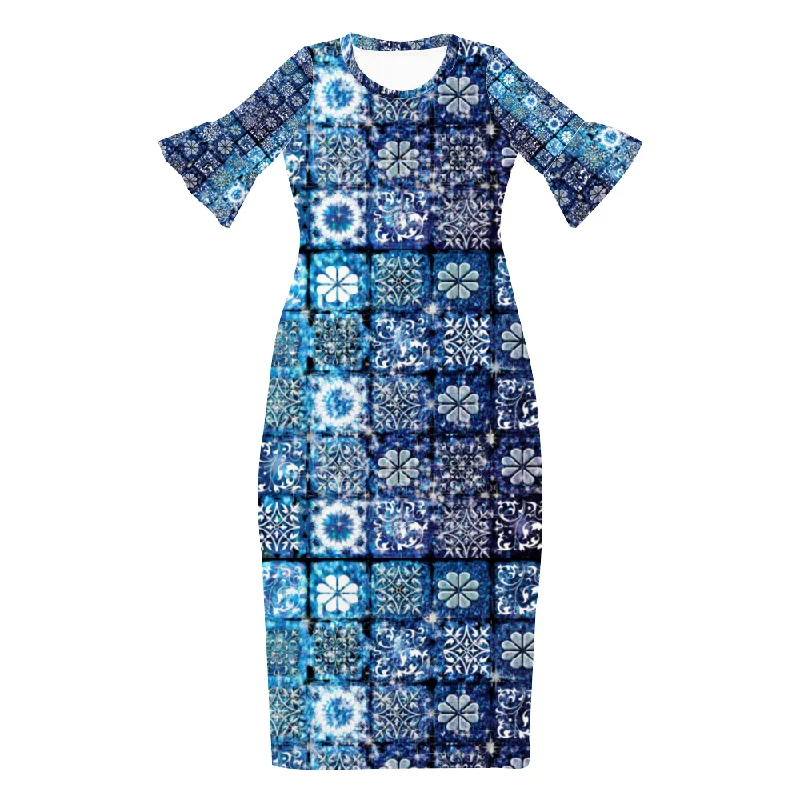 Blue Ice Crystals Motif Custom Lotus Leaf Short Sleeve Long Dress Women's Summer Fashion Dress A-Line Day Work Blue Ice Crystals Motif Custom Lotus Leaf Short Sleeve Long Dress Women's Summer Fashion Dress A-Line Day Work