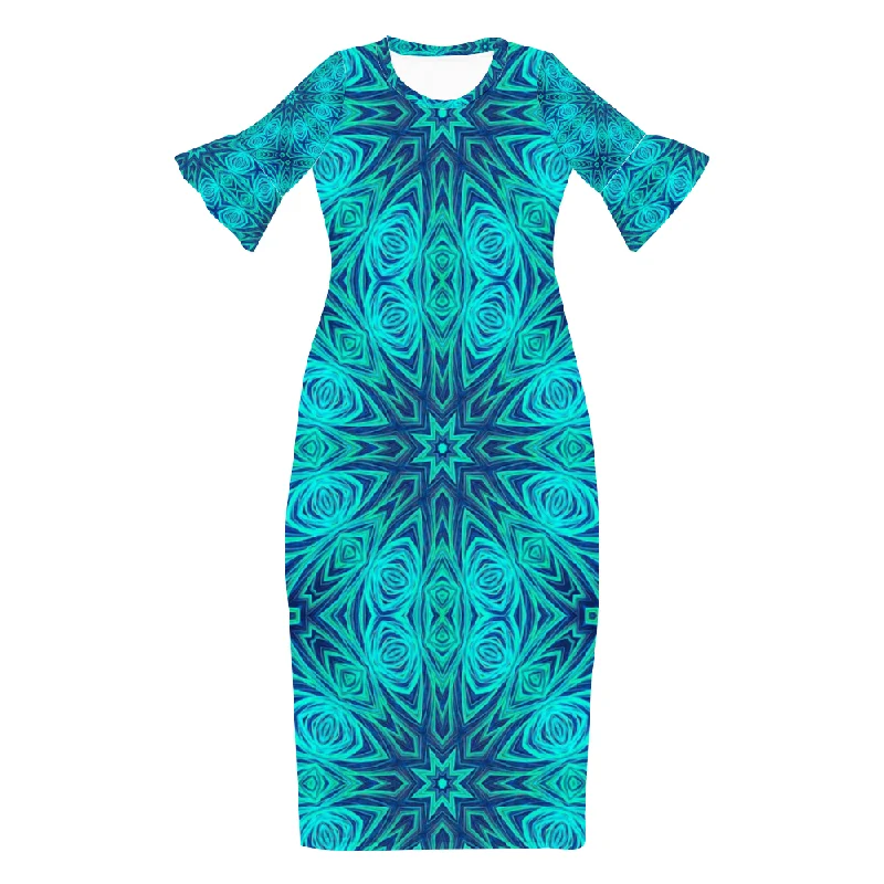Blue Ice Fractal Kaleidoscope Custom Lotus Leaf Short Sleeve Long Dress Women's Summer Fashion Dress Maxi Flowy Bohemian Blue Ice Fractal Kaleidoscope Custom Lotus Leaf Short Sleeve Long Dress Women's Summer Fashion Dress Maxi Flowy Bohemian