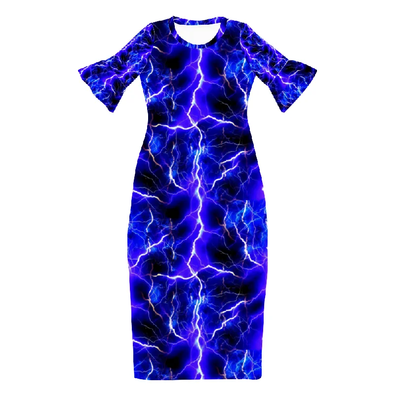 Blue Lightning Custom Lotus Leaf Short Sleeve Long Dress Women's Summer Fashion Dress Tunics Luxurious high-end Blue Lightning Custom Lotus Leaf Short Sleeve Long Dress Women's Summer Fashion Dress Tunics Luxurious high-end