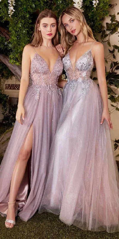 Andrea & Leo A0850 Appliqued Long Dress Sheer-Midriff Boat Neckline Classic