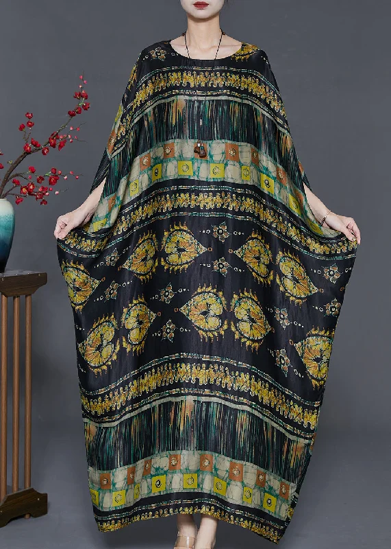 Bohemian Black Oversized Print Silk Long Dresses Batwing Sleeve Tunics Wedding white
