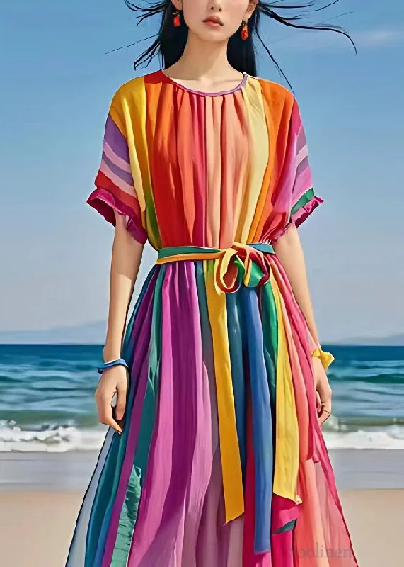 Bohemian Rainbow O Neck Tie Waist Holiday Dress Summer Turtleneck Neckline Stylish