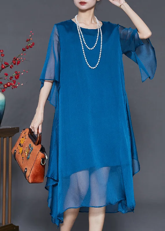 Boho Peacock Blue Oversized Chiffon Long Dress Summer Tunics Plaid country