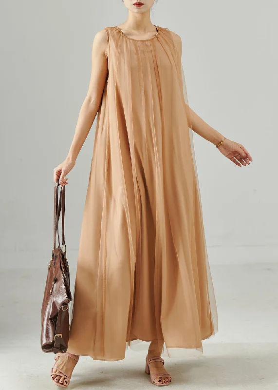Boutique Khaki Oversized Tulle Long Dresses Summer Casual Short Summer
