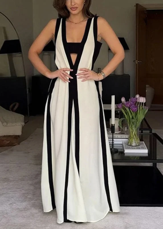 Brief White V Neck Striped Patchwork Long Dress Summer Tunics Cozy soft