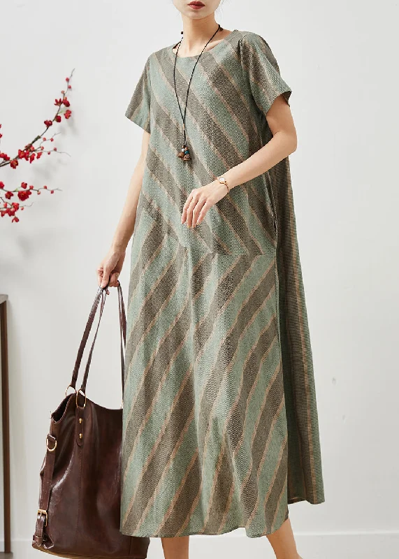 Casual Green Striped Patchwork Cotton Long Dress Summer Tunics Silk luxurious