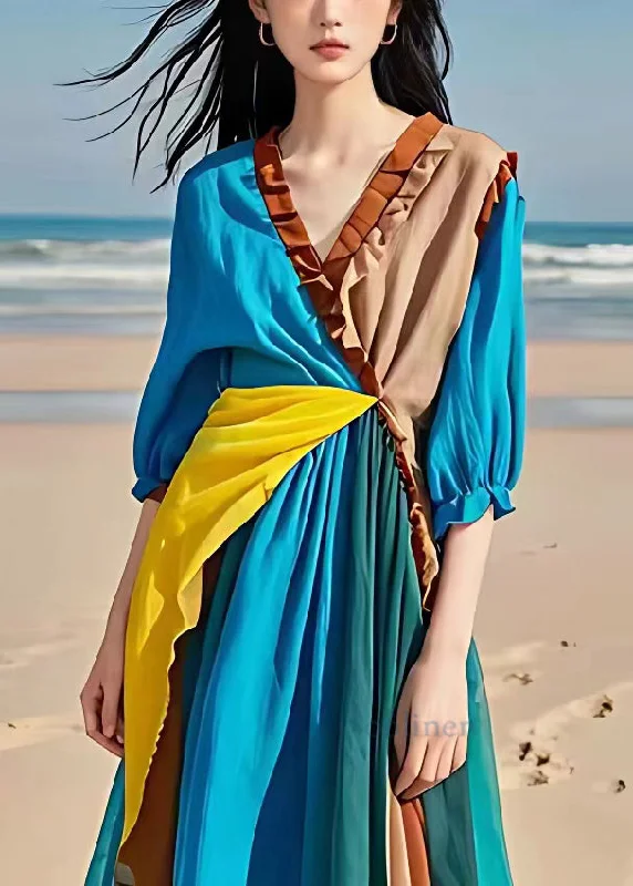 Chic Blue Ruffled Patchwork Cotton Long Dresses Half Sleeve Tunics Floral girly