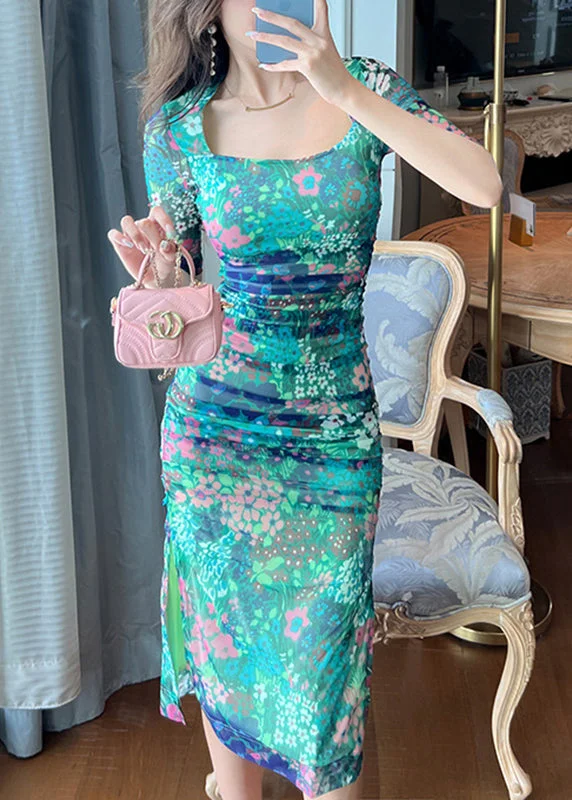 Chic Green Print Side Open Long Dresses Summer Tunics Practical durable