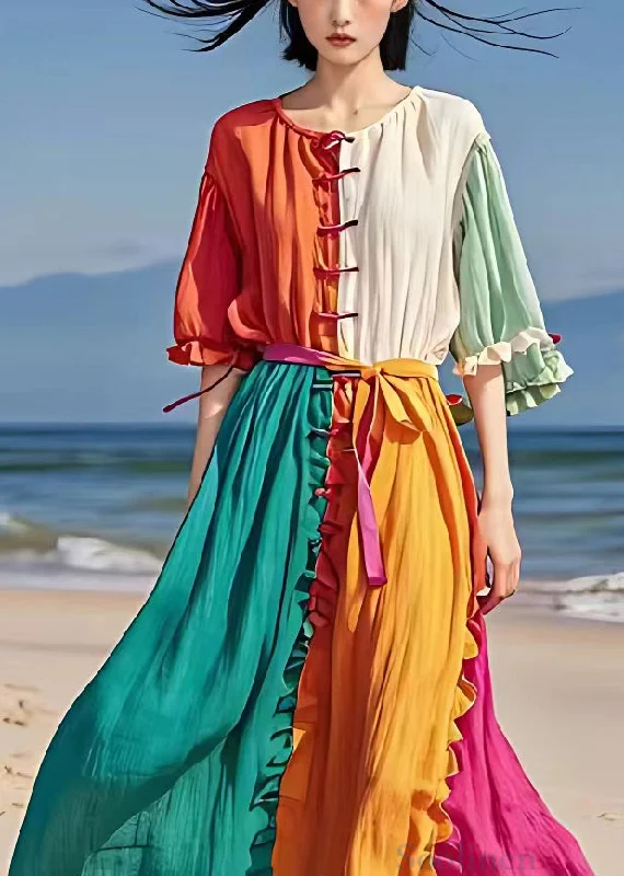 Chic Orange Ruffled Tie Waist Cotton Long Dress Half Sleeve Tunics Velvet soft