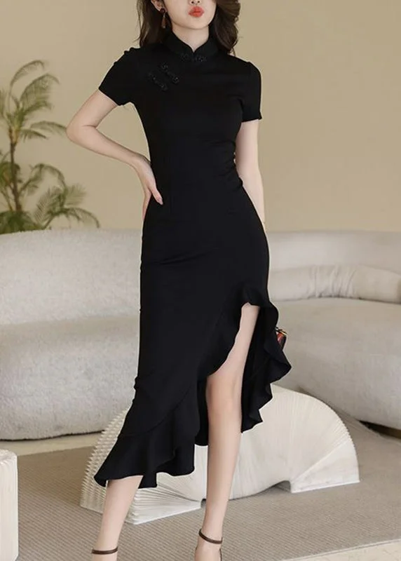 Chinese Style Black Stand Collar Asymmetrical Long Dress Short Sleeve Tunics Luxurious premium Chinese Style Black Stand Collar Asymmetrical Long Dress Short Sleeve Tunics Luxurious premium