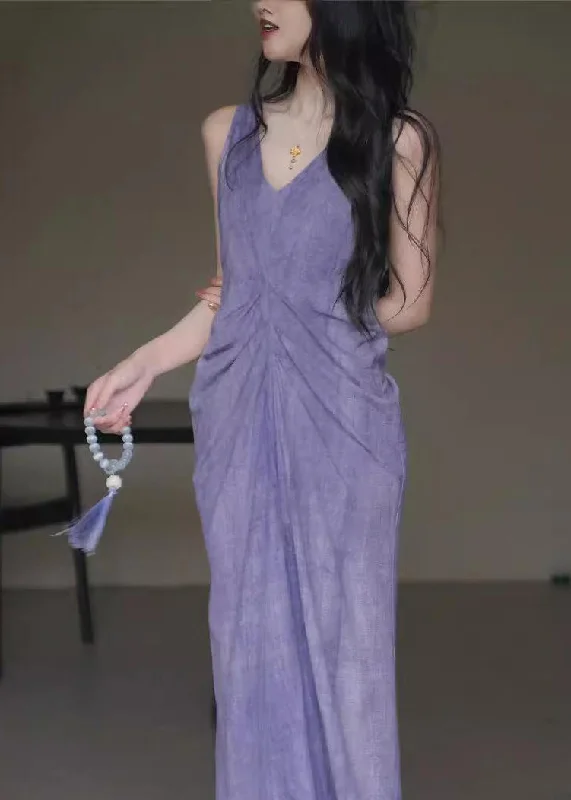 Chinese Style Purple V Neck Wrinkled Linen Long Dress Sleeveless Tunics Cozy soft