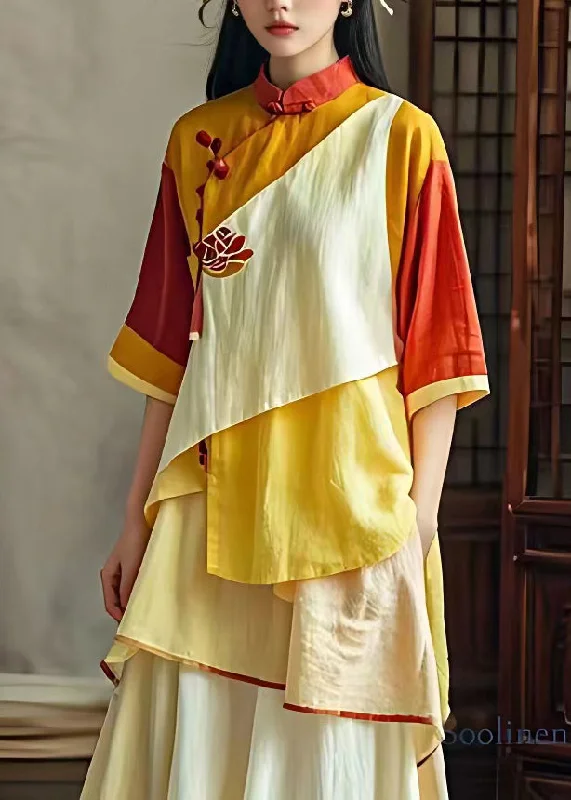 Classy Yellow Stand Collar Print Button Long Dress Summer Tunics Review highly