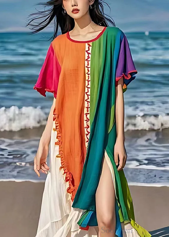 Colorblock Patchwork Linen Long Dress Side Open Summer Shift Classic Vintage