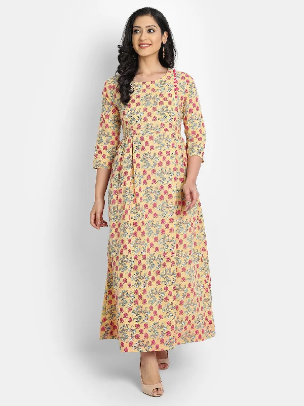 COTTON FLORAL PRINTED LONG DRESS WITH SEQUENCE AND BUTTON WORK Tunic Top Casual