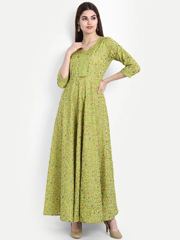 Cotton Gold Printed Long Dress With Zari And Handwork Detailing Tunics Versatile all-occasion Cotton Gold Printed Long Dress With Zari And Handwork Detailing Tunics Versatile all-occasion
