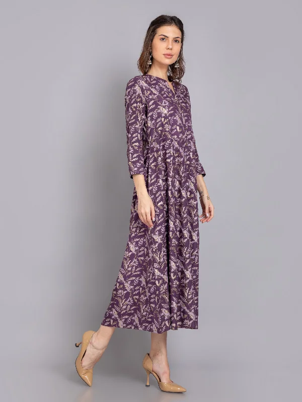 Gold Printed Flared Long Dress Tunics Sophisticated sleek