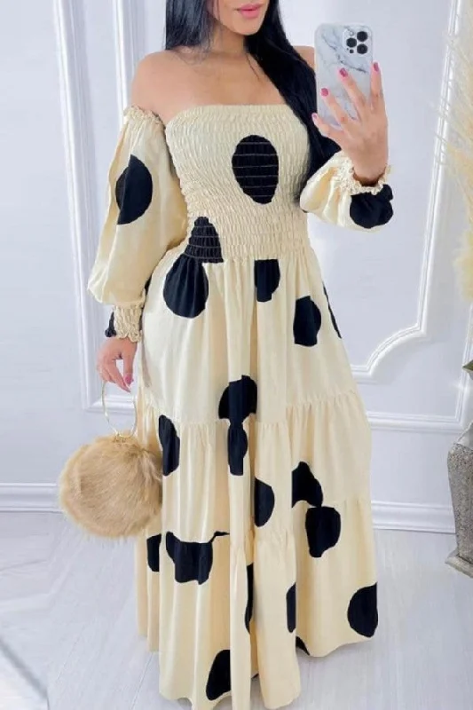 Zjkrl - Cream White Casual Dot Print Patchwork Backless Off the Shoulder Long Dress Dresses Tunics Polka dots