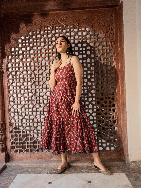 Divena Maroon Buti Printed Shoulder Strip Long dress Tunics Short Trendy