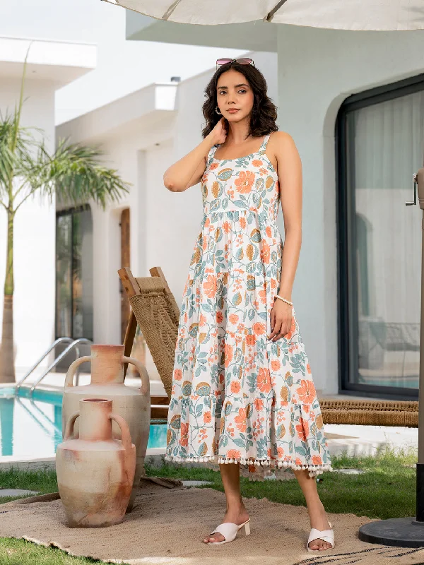 Divena White Floral Printed Shoulder Strip Calf Long Dress Tunics Stylish elegant