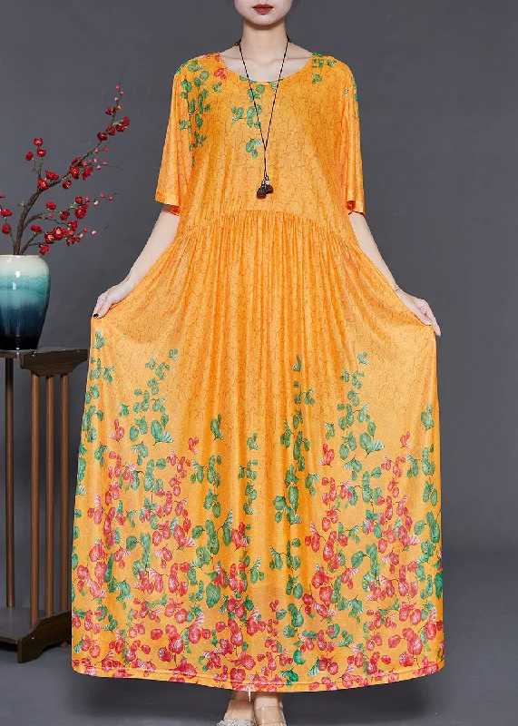 DIY Yellow Print Exra Large Hem Silk Long Dress Summer Tunics Floral girly
