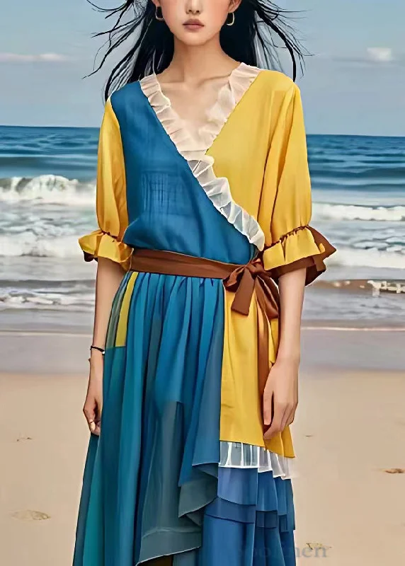 Elegant Blue Ruffled Tie Waist Patchwork Chiffon Dress Flare Sleeve Tunics Business professional Elegant Blue Ruffled Tie Waist Patchwork Chiffon Dress Flare Sleeve Tunics Business professional