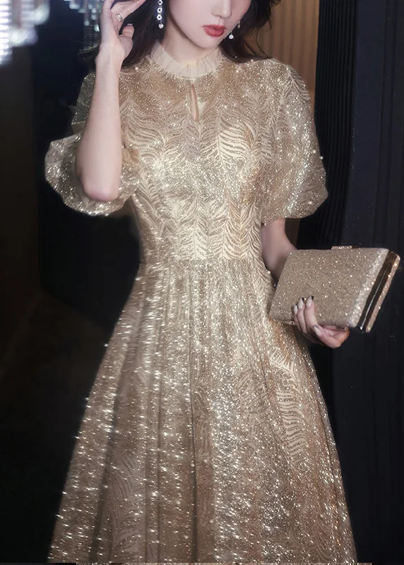 Elegant Gold Ruffled Nail Bead Long Dresses Puff Sleeve Tunics Sophisticated sleek