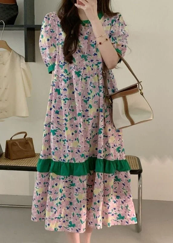 Elegant Pink Print Patchwork Cotton Long Dress Summer Tunics Summer linen