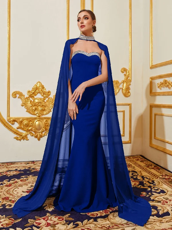 Elegant Rhinestone Detail Mermaid Hem Formal Tube Dress with Cape empire Waist empire Elegant Rhinestone Detail Mermaid Hem Formal Tube Dress with Cape empire Waist empire