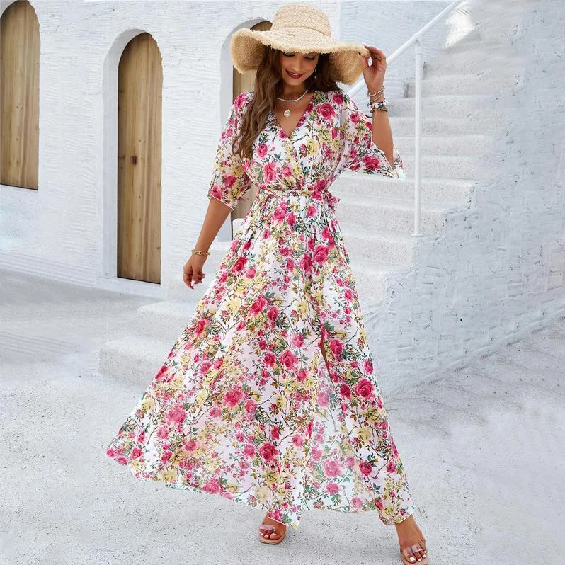 Elegant V-Neck Printed Dress with Cinched Waist Tunics Fleece cozy
