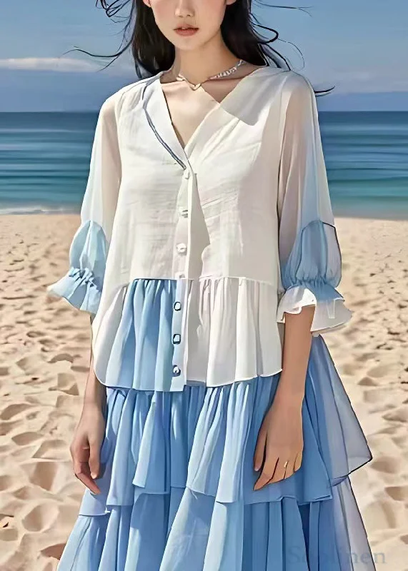Elegant White Wrinkled Button Chiffon Long Dress Flare Sleeve Tunics Vintage classic Elegant White Wrinkled Button Chiffon Long Dress Flare Sleeve Tunics Vintage classic