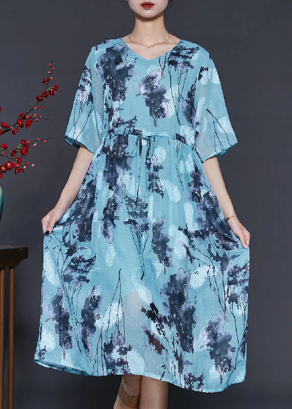 Fashion Blue Cinched Print Chiffon Long Dresses Summer Tunics Corduroy durable