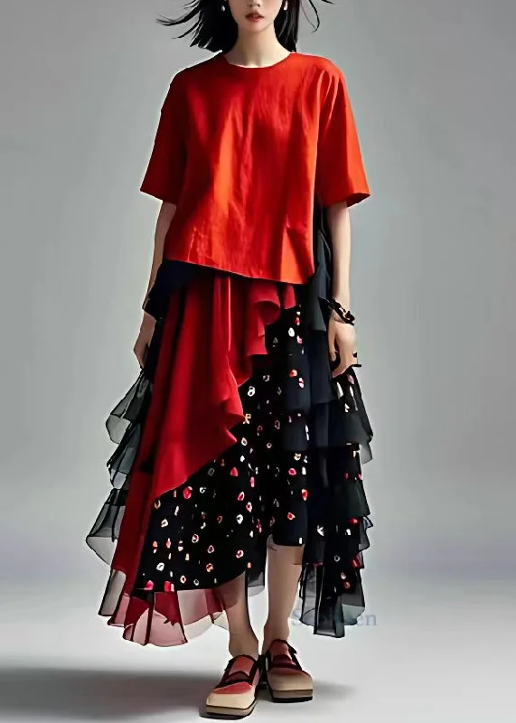 Fashion Red Tulle Patchwork Chiffon Long Dress Short Sleeve Tunics Fashionable chic