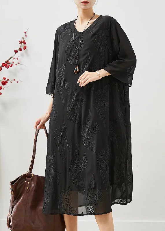 Fine Black Embroidered Chiffon Long Dresses Summer Tunics Long Elegant