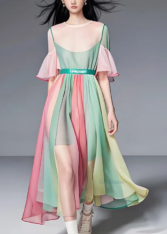Fine Colorblock O Neck Wrinkled Patchwork Chiffon Long Dress Summer Tunics Stylish modern Fine Colorblock O Neck Wrinkled Patchwork Chiffon Long Dress Summer Tunics Stylish modern