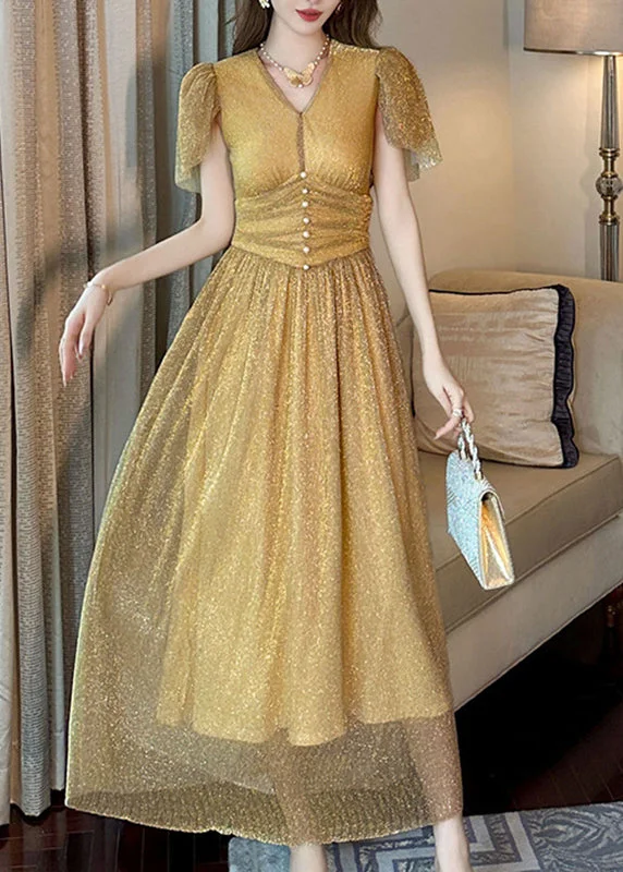 Fitted Gold V Neck Wrinkled Patchwork Sequins Tulle Vacation Long Dresses Summer Tunics Fashionable chic Fitted Gold V Neck Wrinkled Patchwork Sequins Tulle Vacation Long Dresses Summer Tunics Fashionable chic