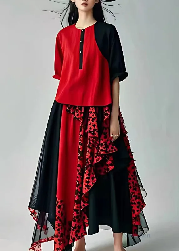 Fitted Red Print Holiday Chiffon Long Dress Short Sleeve Tunics Stylish elegant