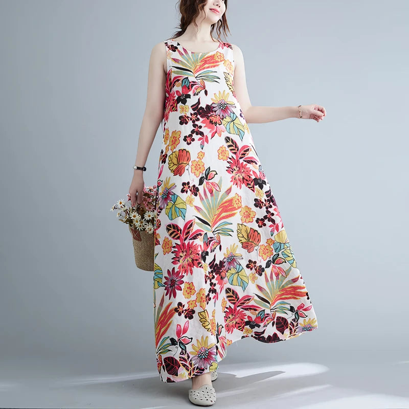 Floral Print Cotton Linen Long Dress Tunics Trousers formal