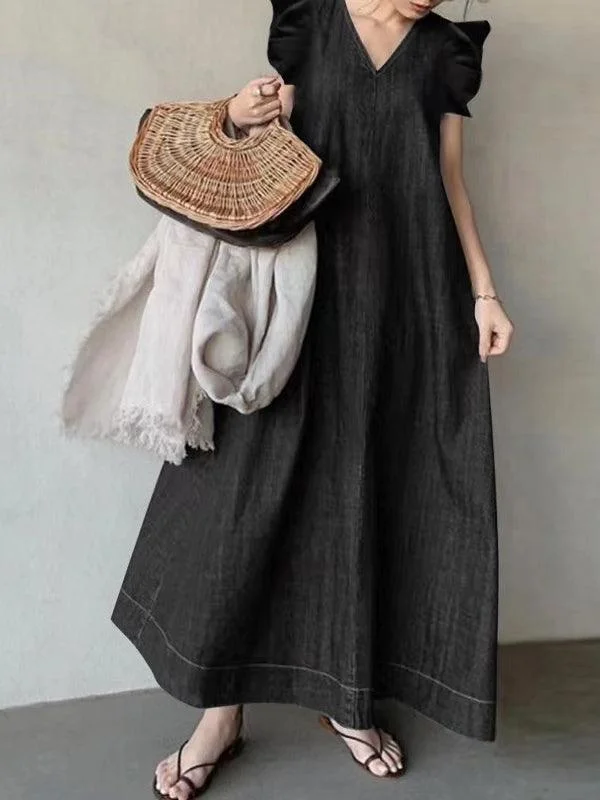 Zjkrl - Fly-sleeve Denim Tie Back V-Neck Long Dress Tunics Prom sequined