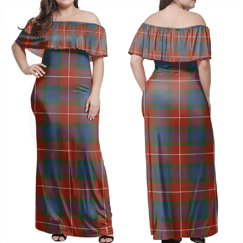 Fraser Ancient Tartan Off Shoulder Long Dress Tunics Practical easy-care