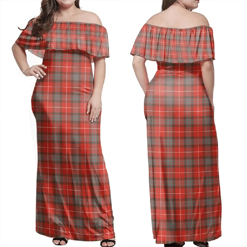 Fraser Weathered Tartan Off Shoulder Long Dress Elegant Long Evening