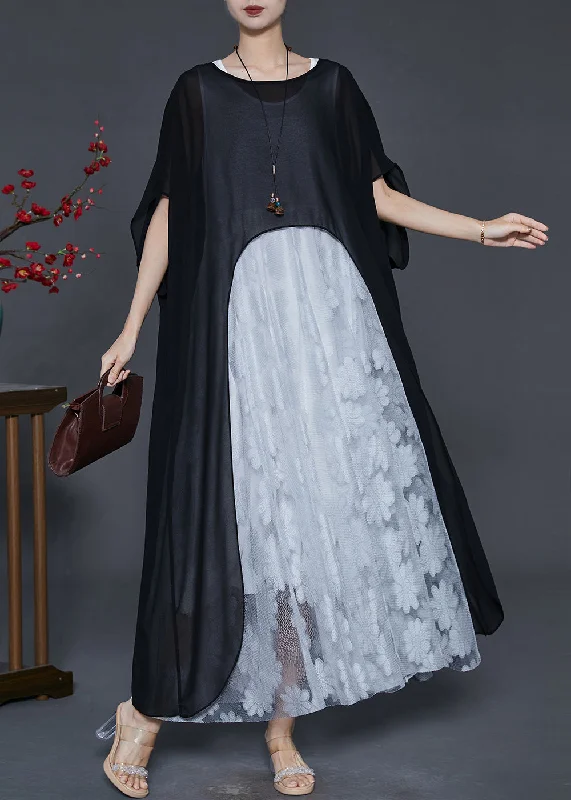 French Black Asymmetrical Oversized Chiffon Long Dress Summer sweetheart Neckline Romantic French Black Asymmetrical Oversized Chiffon Long Dress Summer sweetheart Neckline Romantic
