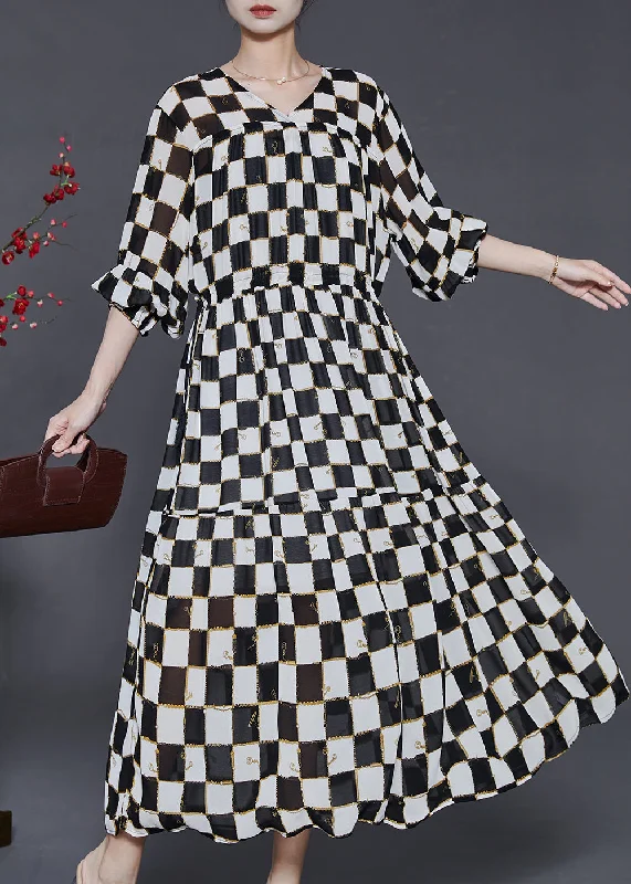French Black Cinched Plaid Chiffon Long Dress Summer Tunics Lace romantic