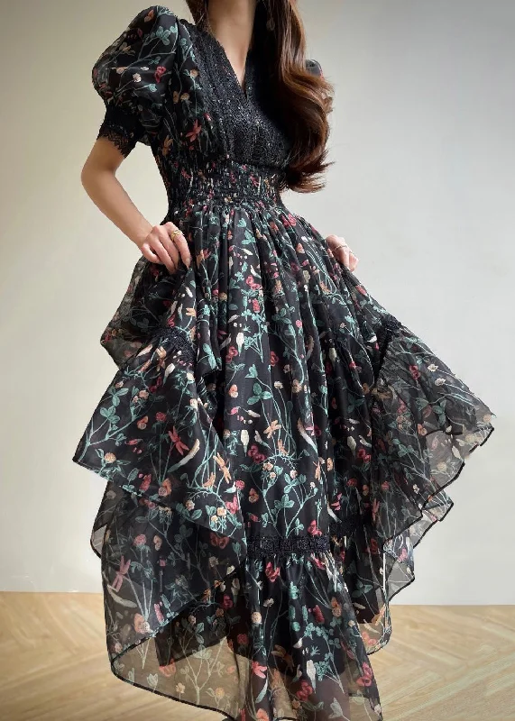 French Black V Neck Print Elastic Waist Chiffon Dresses Summer Tunics Stylish elegant