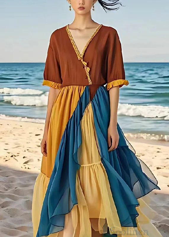 French Brown V Neck Chiffon Patchwork Long Dress Half Sleeve Tunics Hiking breathable French Brown V Neck Chiffon Patchwork Long Dress Half Sleeve Tunics Hiking breathable